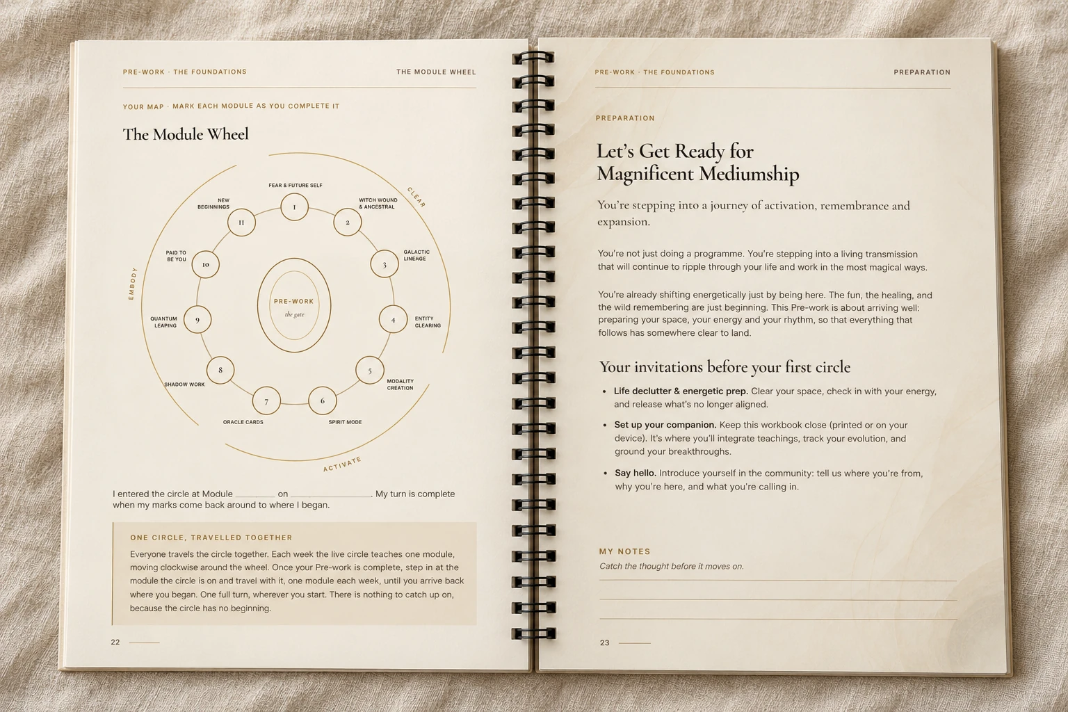 Your Magnificent Mediumship journal and workbook open at the wheel and the pages that prepare you for our first live session