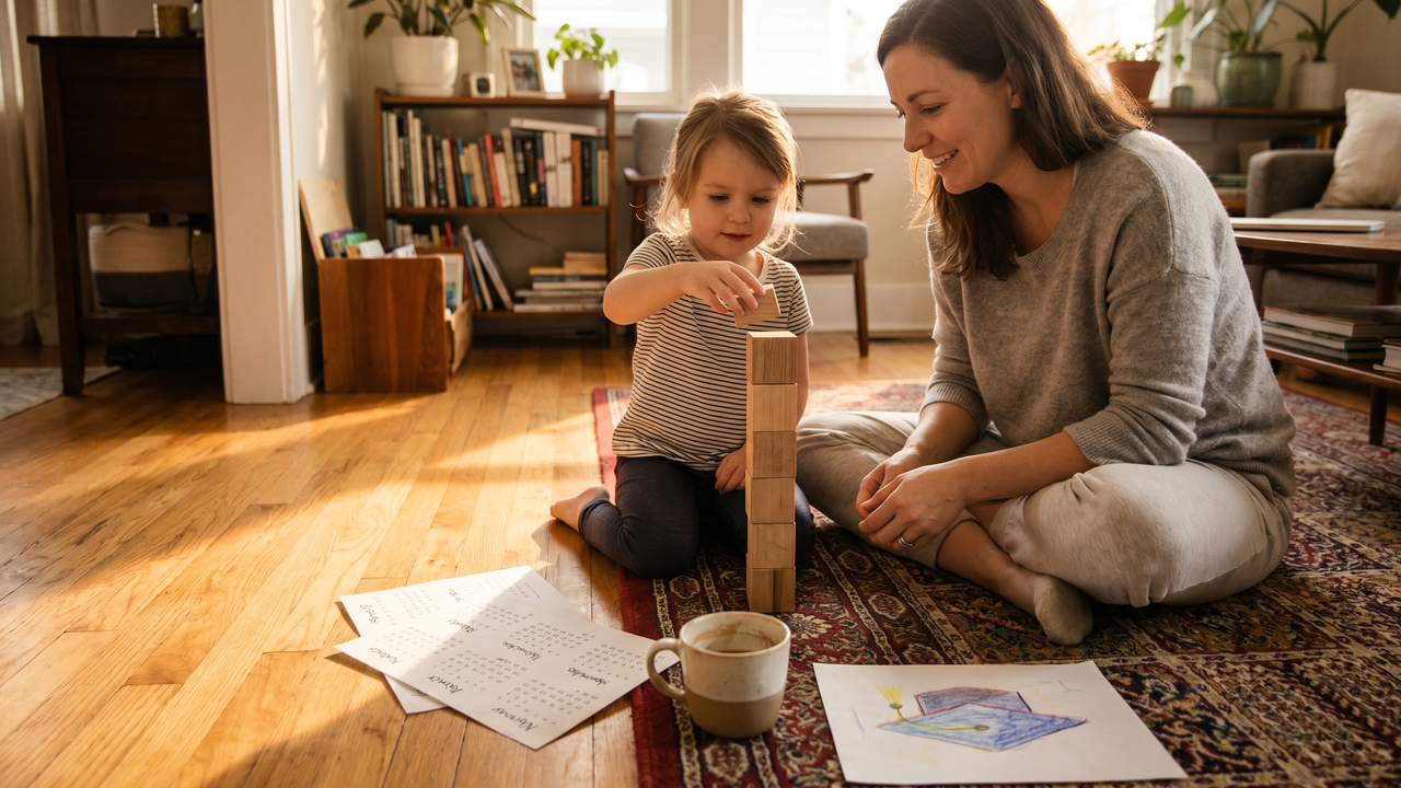 Physician mother and young daughter stacking wooden blocks on a sunlit living room rug, representing a long-horizon college savings decision
