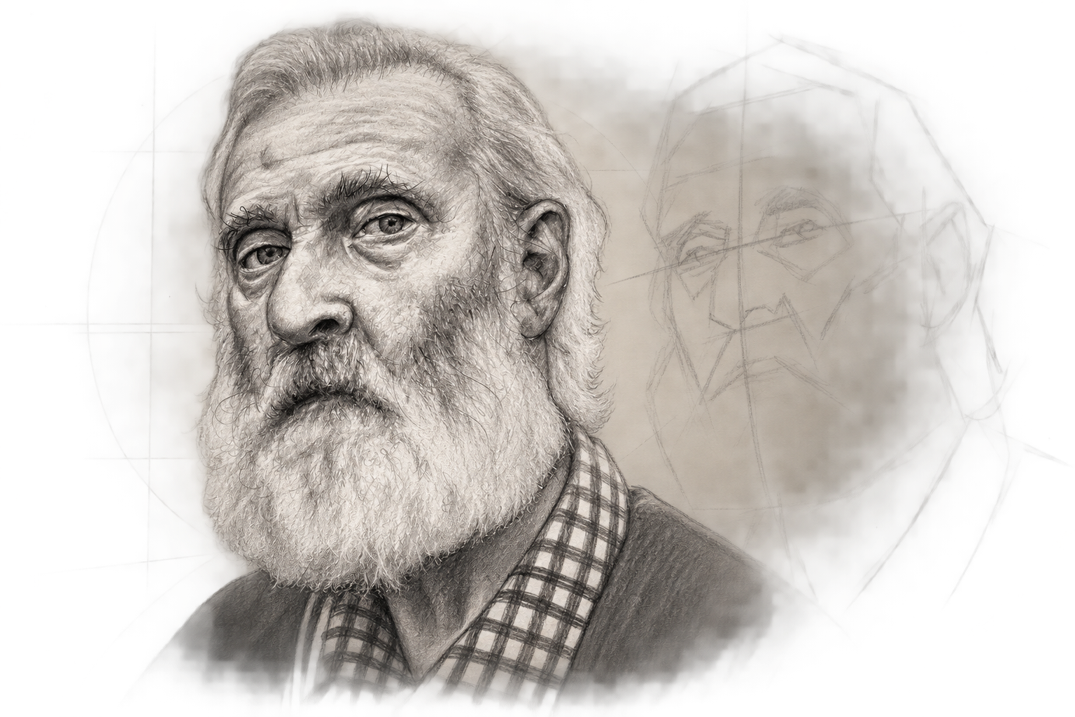 Pencil sketch of an older man from the course