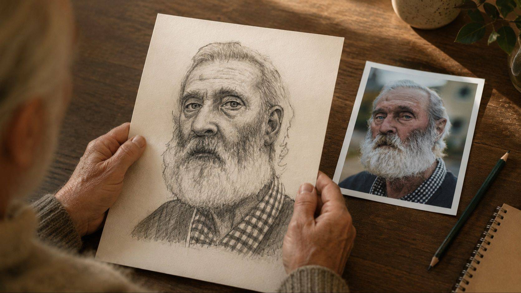 Pencil sketch of an older man from the course