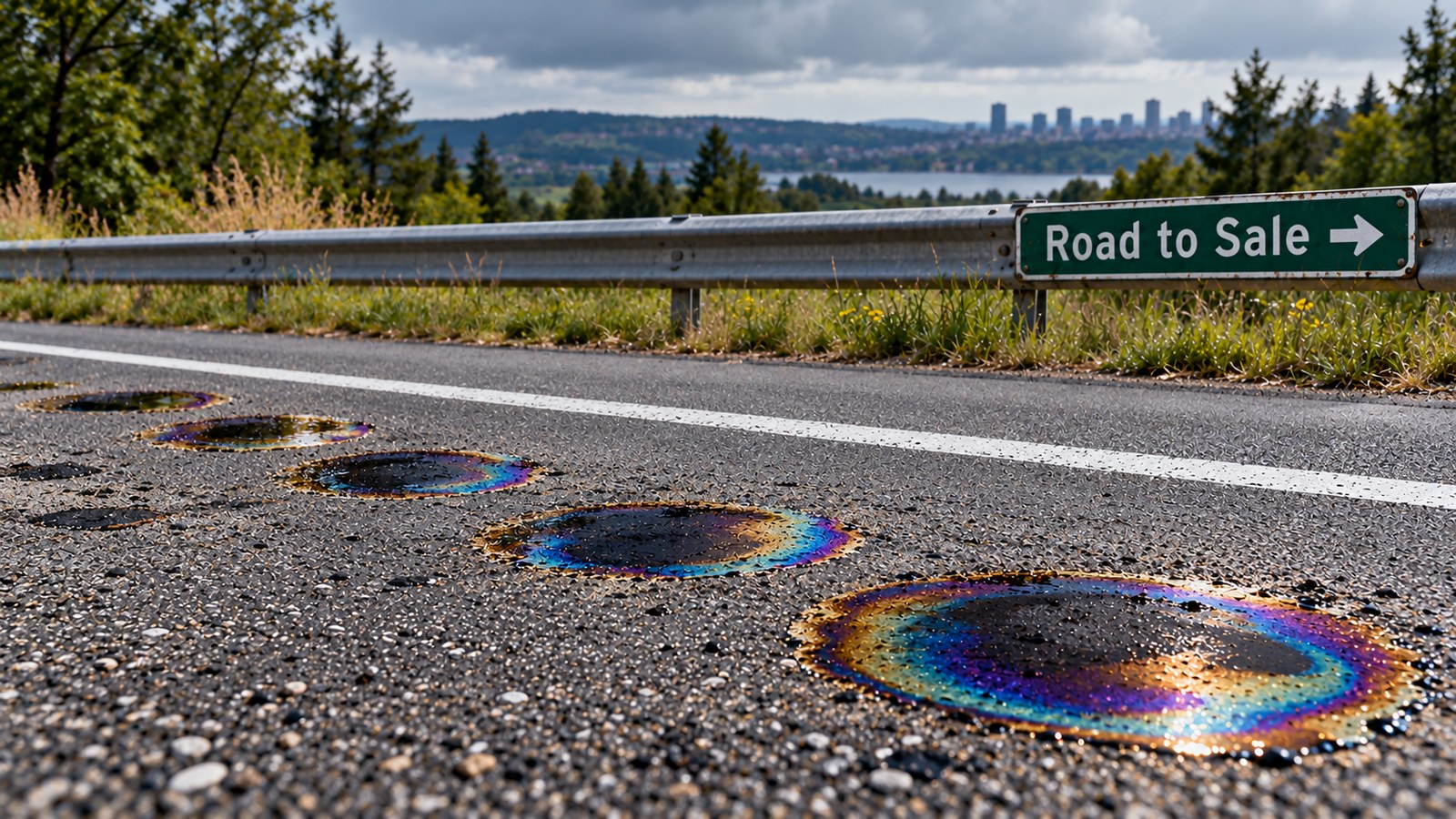 Oil leaks on the road to the sale