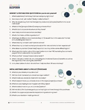 Page of discovery and preparation questions