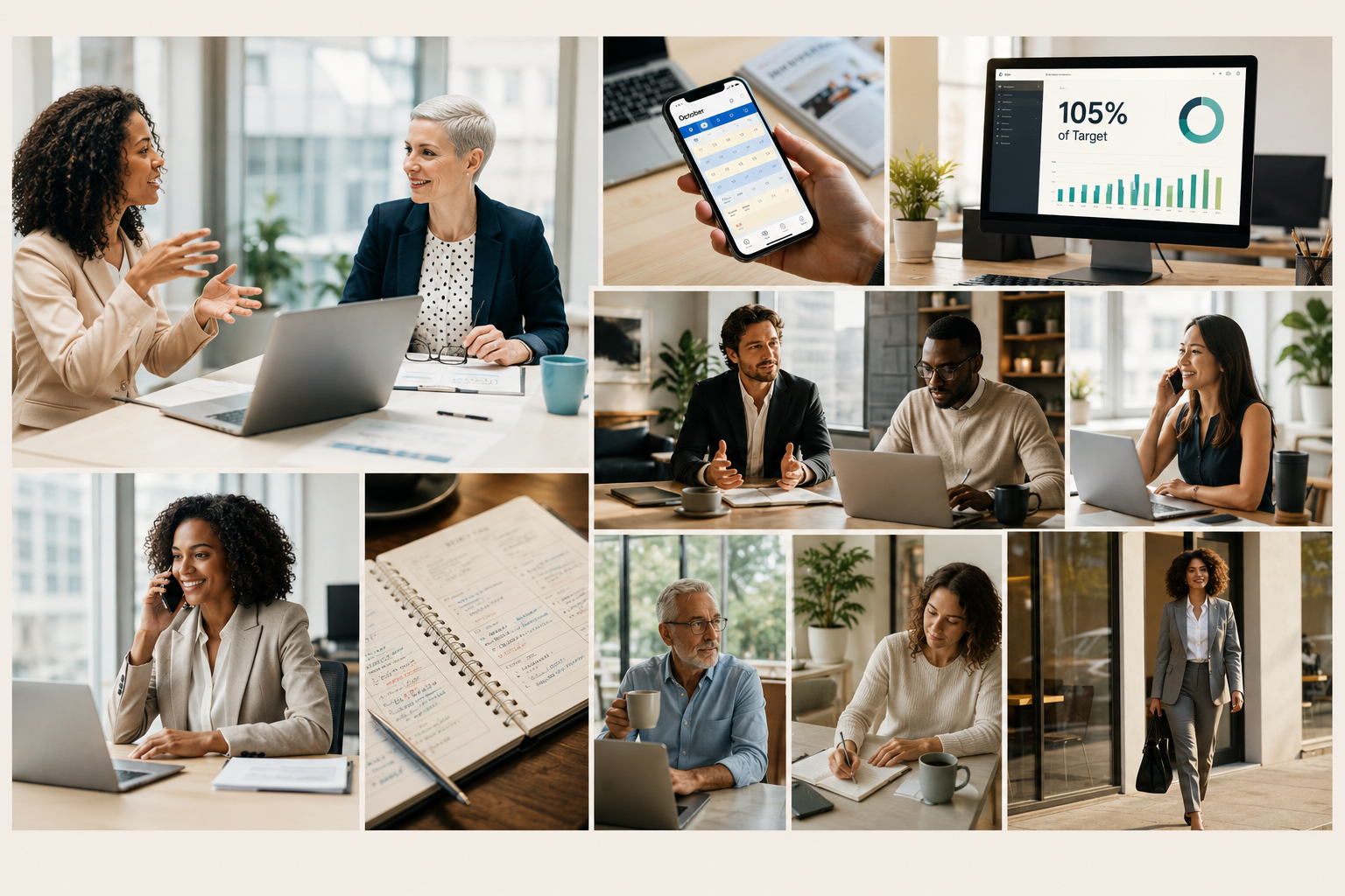 Confident salespeople at work: meetings, calls and a dashboard showing 105% of target