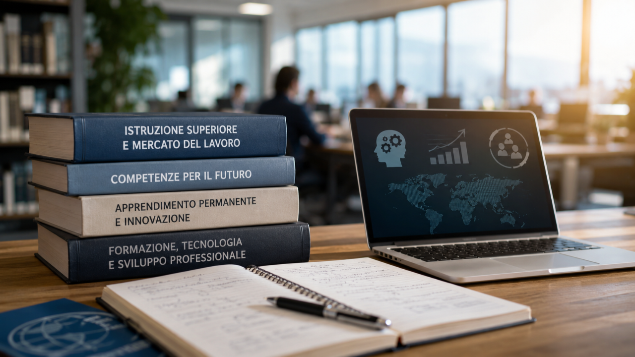Libri universitari, computer portatile e ambiente professionale moderno rappresentano il rapporto tra formazione universitaria, competenze, innovazione tecnologica e mercato del lavoro.
