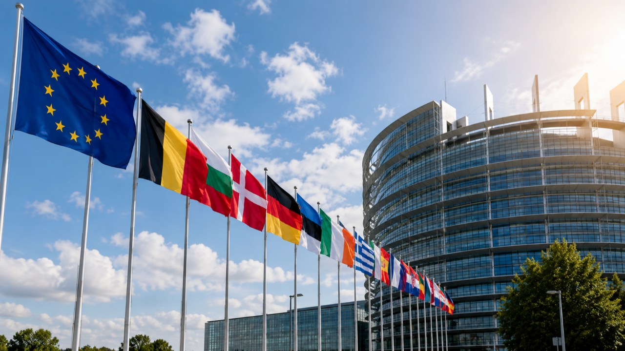 Bandiere degli Stati membri dell'Unione Europea davanti a un edificio istituzionale europeo, simbolo della cooperazione internazionale e della rete ENIC-NARIC per il riconoscimento delle qualifiche accademiche