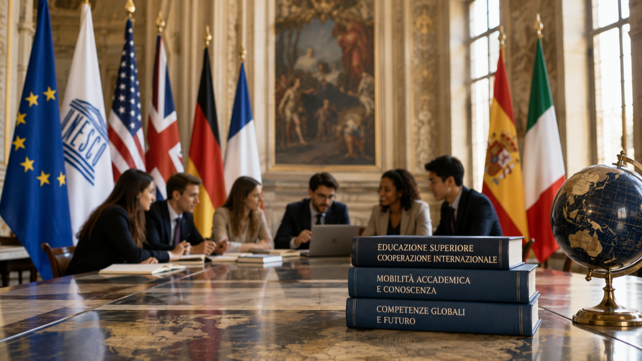 Giovani professionisti riuniti in una sala istituzionale internazionale con libri, bandiere e mappamondo, simbolo della cooperazione accademica e della formazione internazionale.