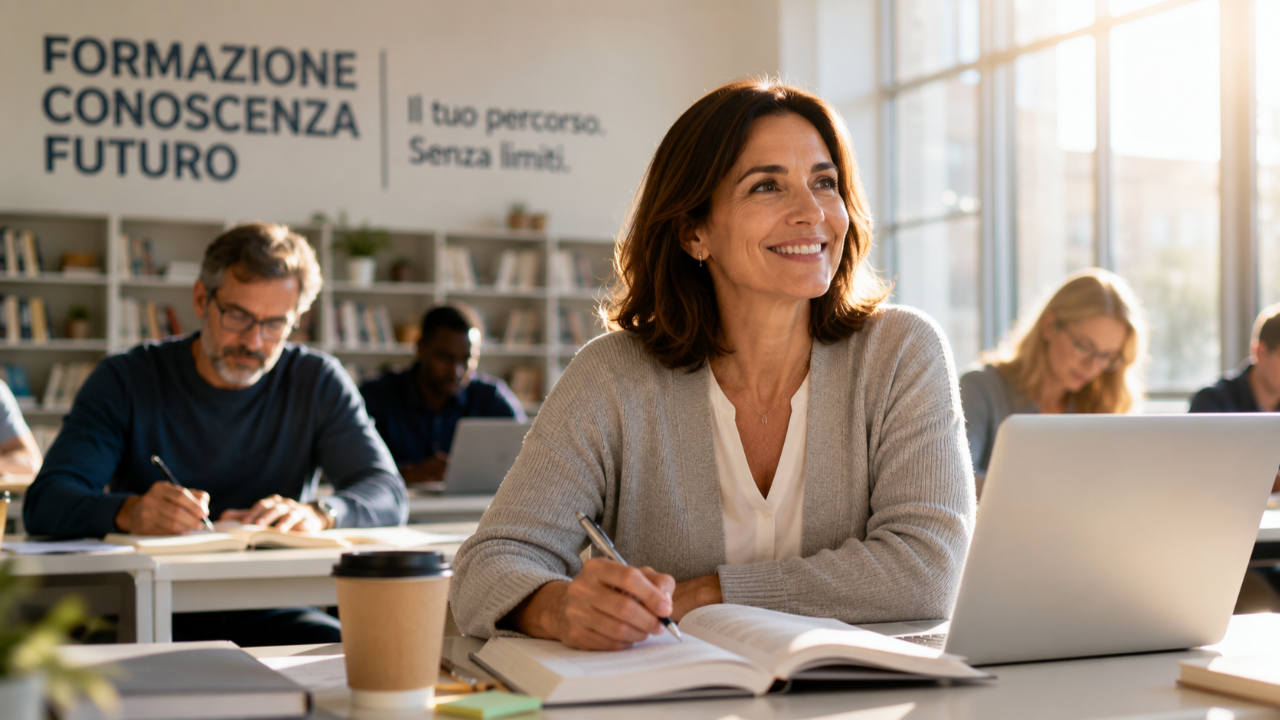 Studenti adulti seguono una lezione universitaria in un'aula moderna e luminosa, simbolo di formazione continua, aggiornamento professionale e lifelong learning.