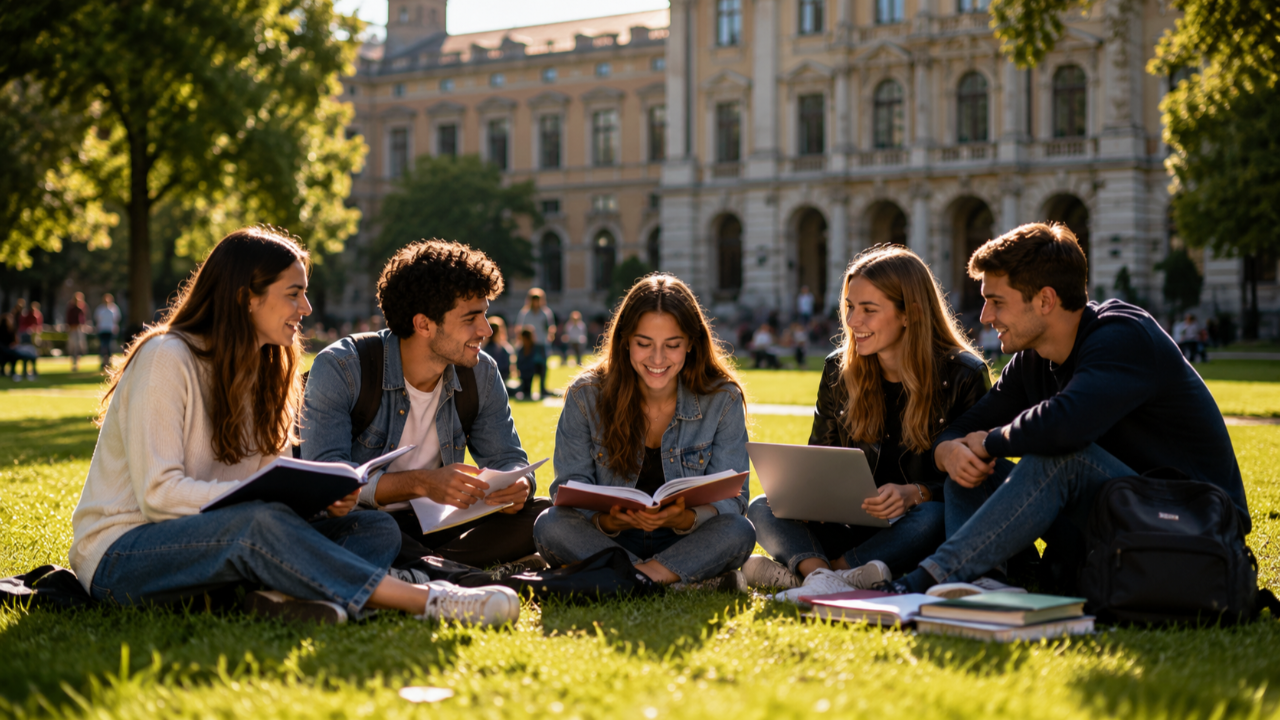 Gruppo di studenti universitari seduti sul prato del campus mentre studiano insieme, simbolo di formazione, ricerca giuridica e confronto accademico.