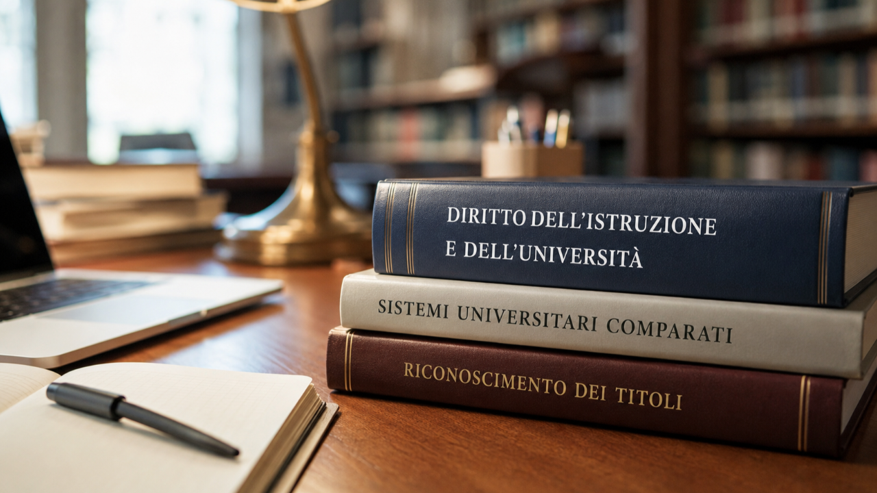 Libri universitari su diritto e sistemi universitari comparati su una scrivania di biblioteca, simbolo della scelta consapevole di un percorso universitario internazionale.