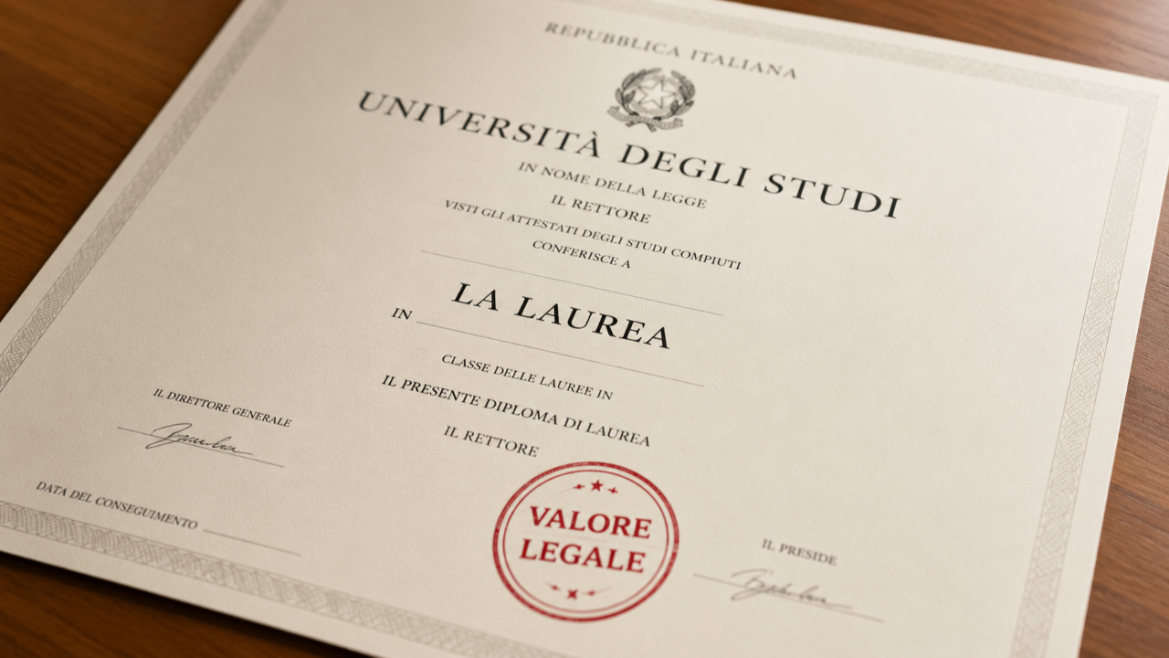 Diploma universitario generico con timbro "Valore Legale", simbolo del sistema italiano di riconoscimento dei titoli di studio e delle qualifiche accademiche