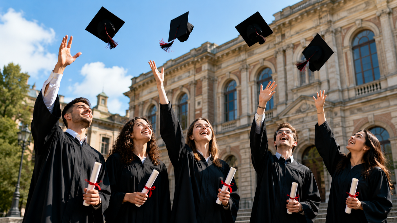 Studenti universitari festeggiano la laurea davanti a un edificio accademico, simbolo del Processo di Bologna, della mobilità internazionale e dello Spazio Europeo dell'Istruzione Superiore