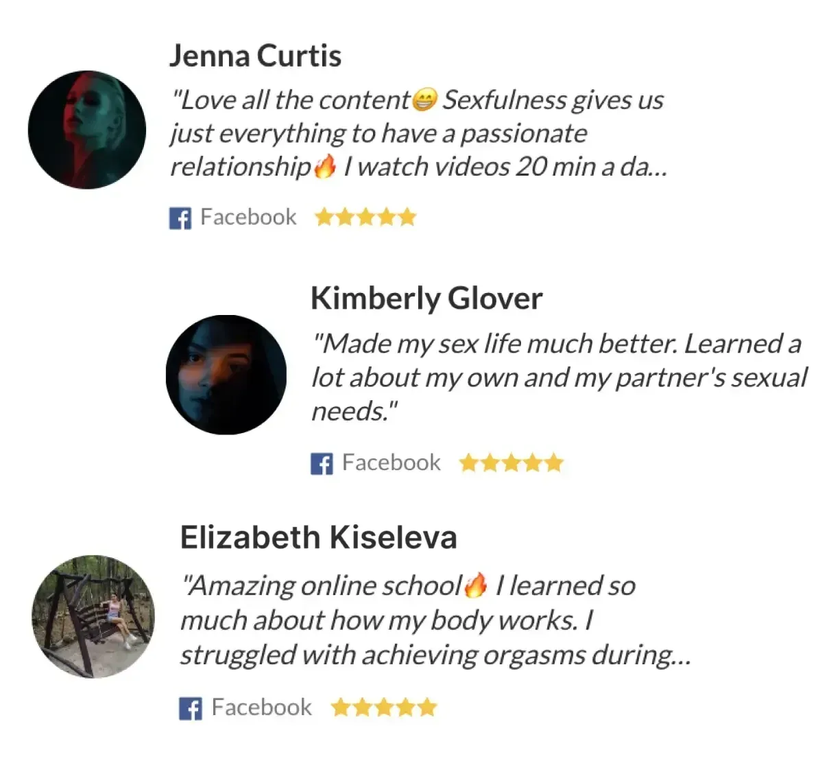 three facebook reviews recommending sex video courses