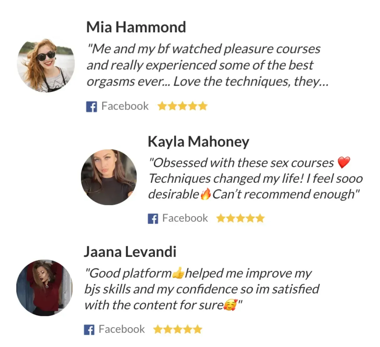 three five-star facebook reviews recommending sex video platform