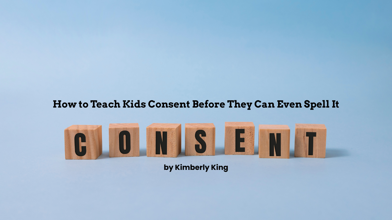 Scrabble tiles spelling "consent" on a blue background, representing teaching kids consent early  File name: