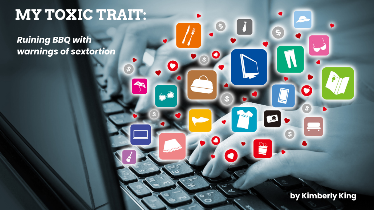 Hands typing on a laptop surrounded by app icons and shopping icons, representing sextortion and online safety risks for kids