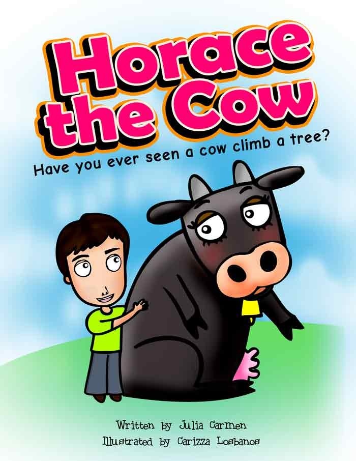Book cover drawing of a child hugging large black cow.