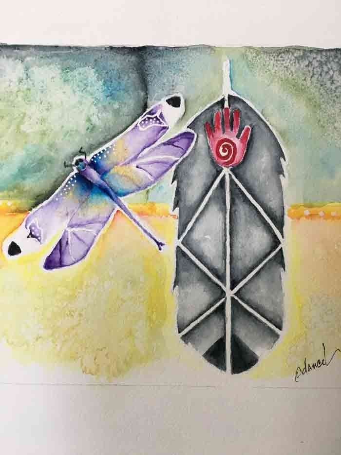 Watercolor painting of dragonfly and feather with red hand.