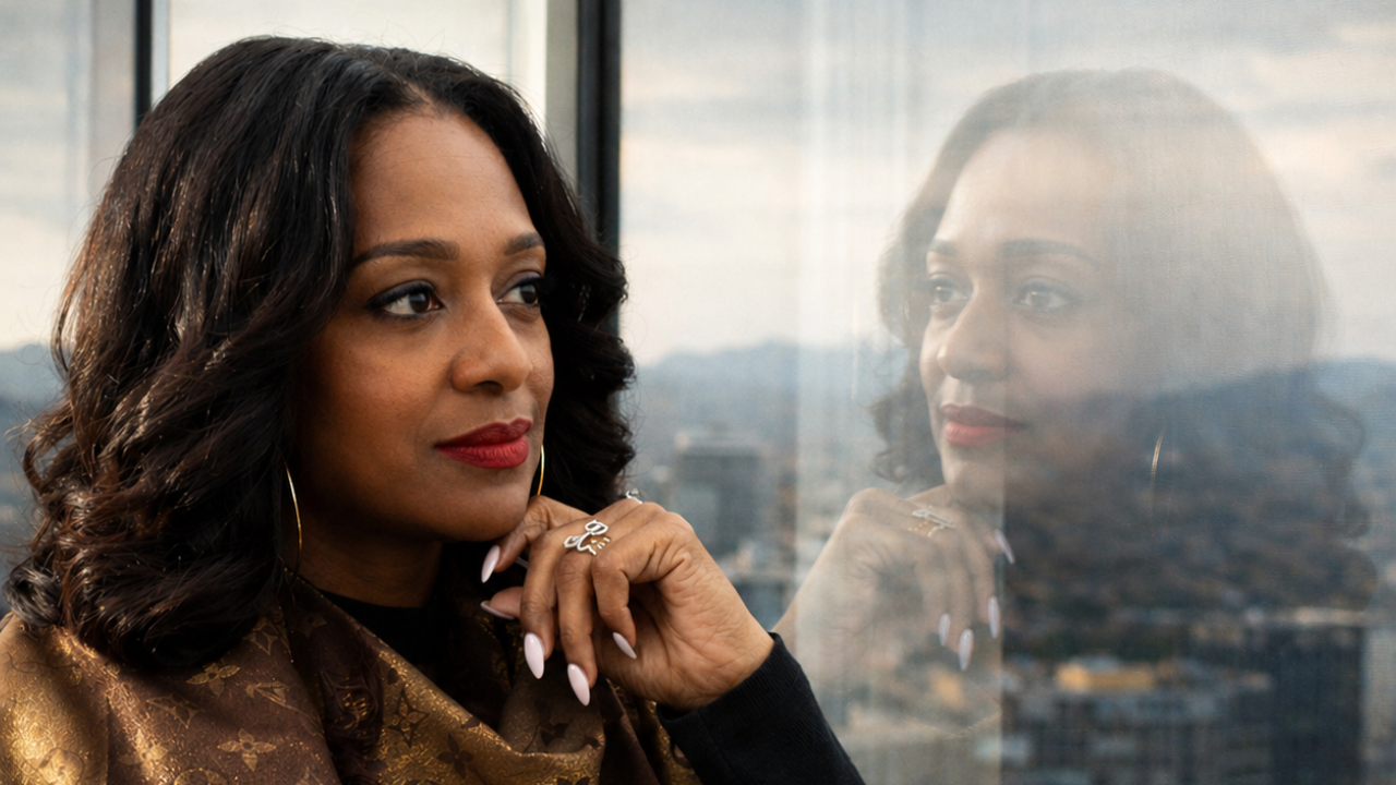 Leslie K. Leland photographed in contemplation beside a high-rise window. Her reflection appears in the glass alongside the city skyline behind her, illustrating the central image of the essay: a woman looking at herself looking out.