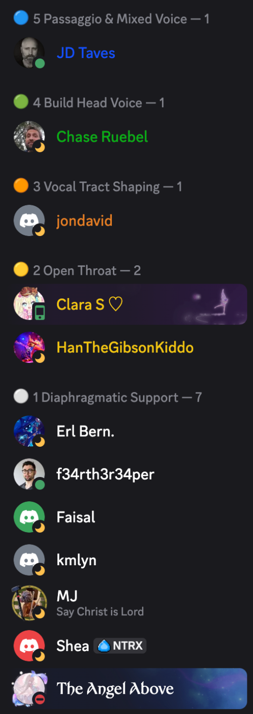 Screenshot of the KTVA Discord channel showing students with their belt colors next to their names