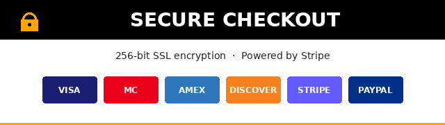 Secure checkout — SSL encrypted. We accept Visa, Mastercard, American Express, and Discover.