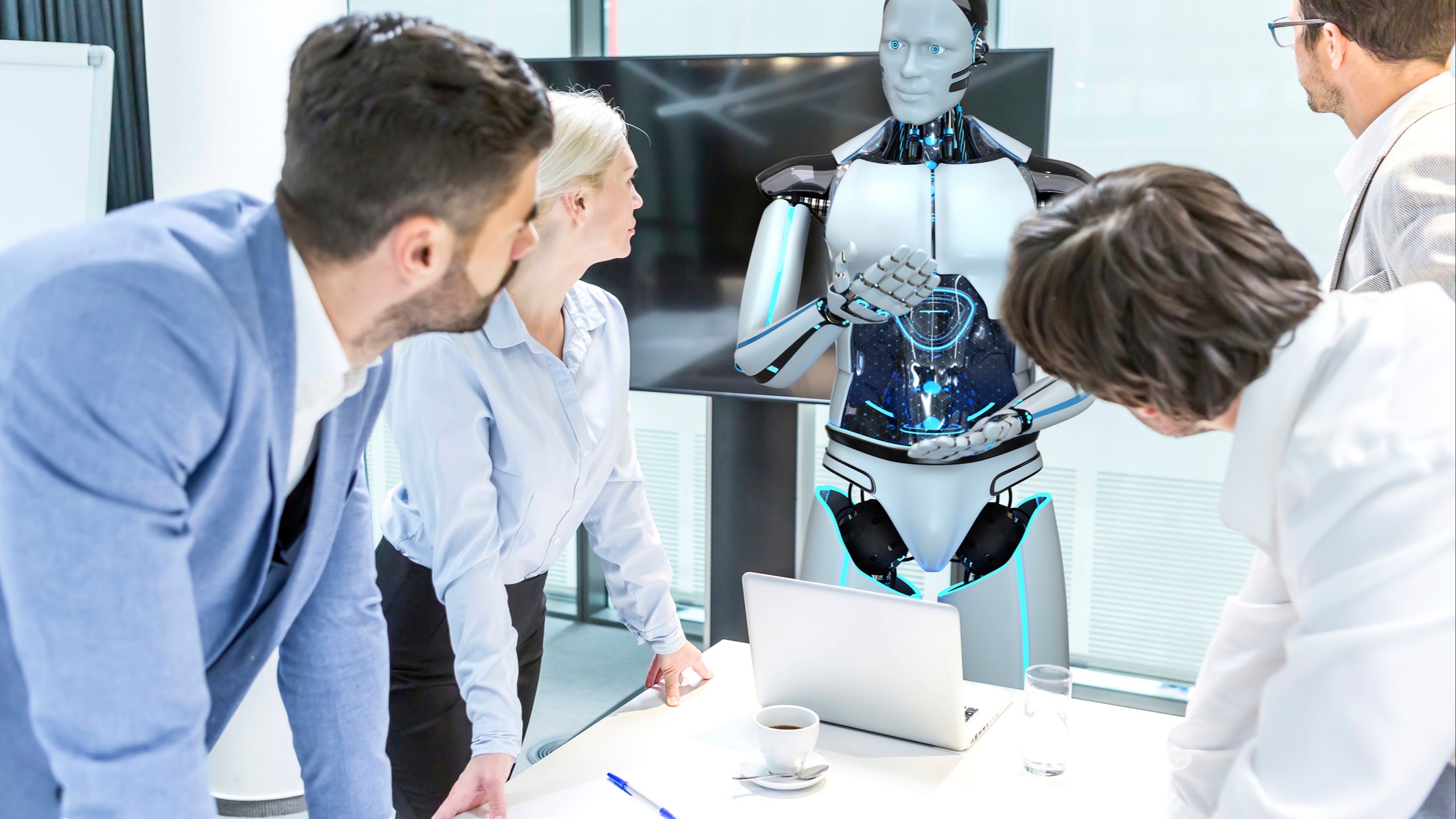 work team AI robot blues and white colors