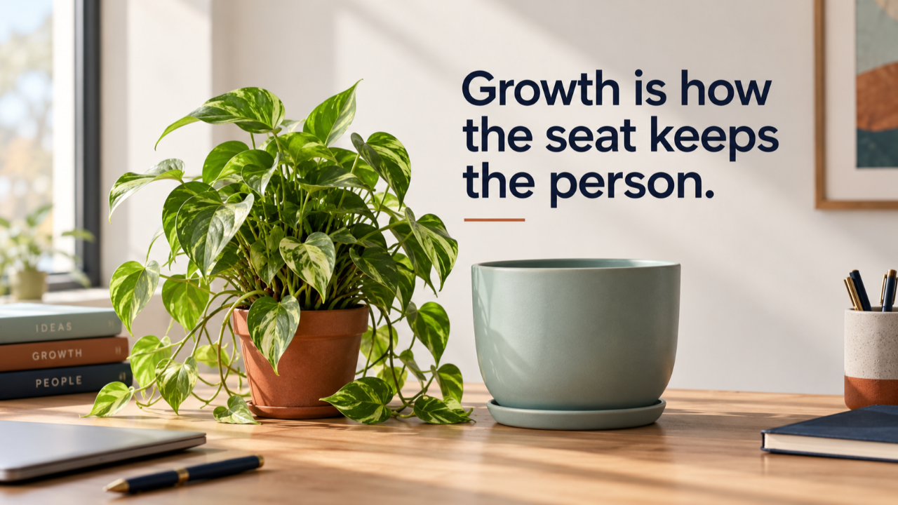 Hero: a desk plant that has outgrown its small pot, beside a larger empty pot. Headline reads: Growth is how the seat keeps the person.