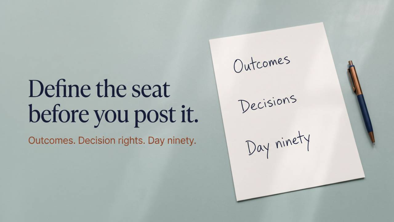 Hero: a single sheet of paper on a desk with three short handwritten headings and a pen beside it. Headline reads: Define the seat before you post it.
