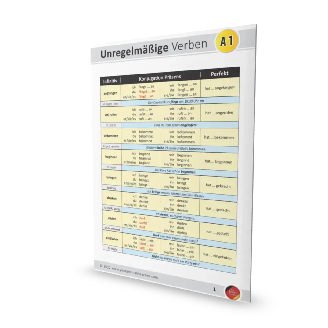 FREE German irregular Verb list for A1 level