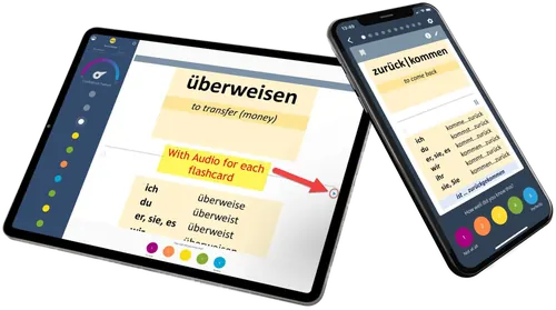 Integrated German A2 vocabulary flashcard app on a tablet and a phone