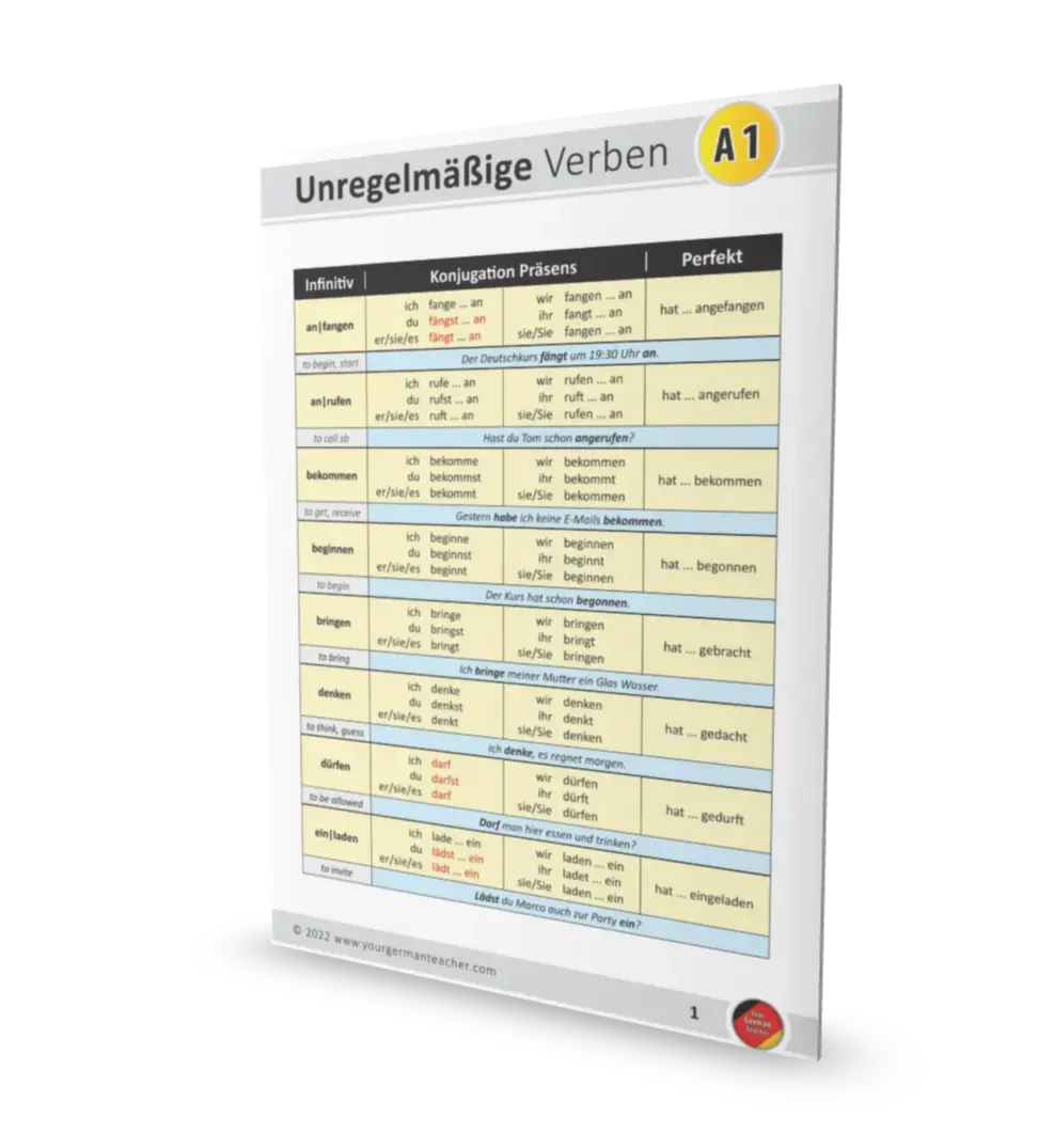 German Irregular Verbs complete FREE list for the A1 level. Beginner level for German learners. 