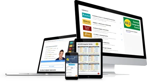 German A2 online course shown on a desktop screen, laptop, tablet and phone