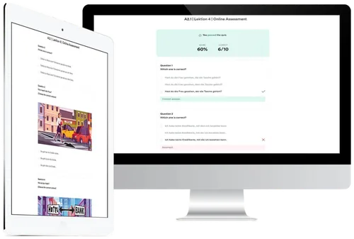 Interactive German A2 online test on a tablet and a desktop screen