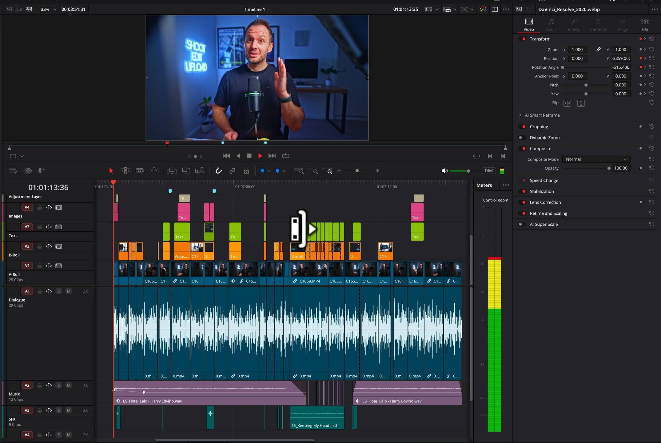 Ben in the DaVinci Resolve viewer above a timeline with video clips, titles, and audio.
