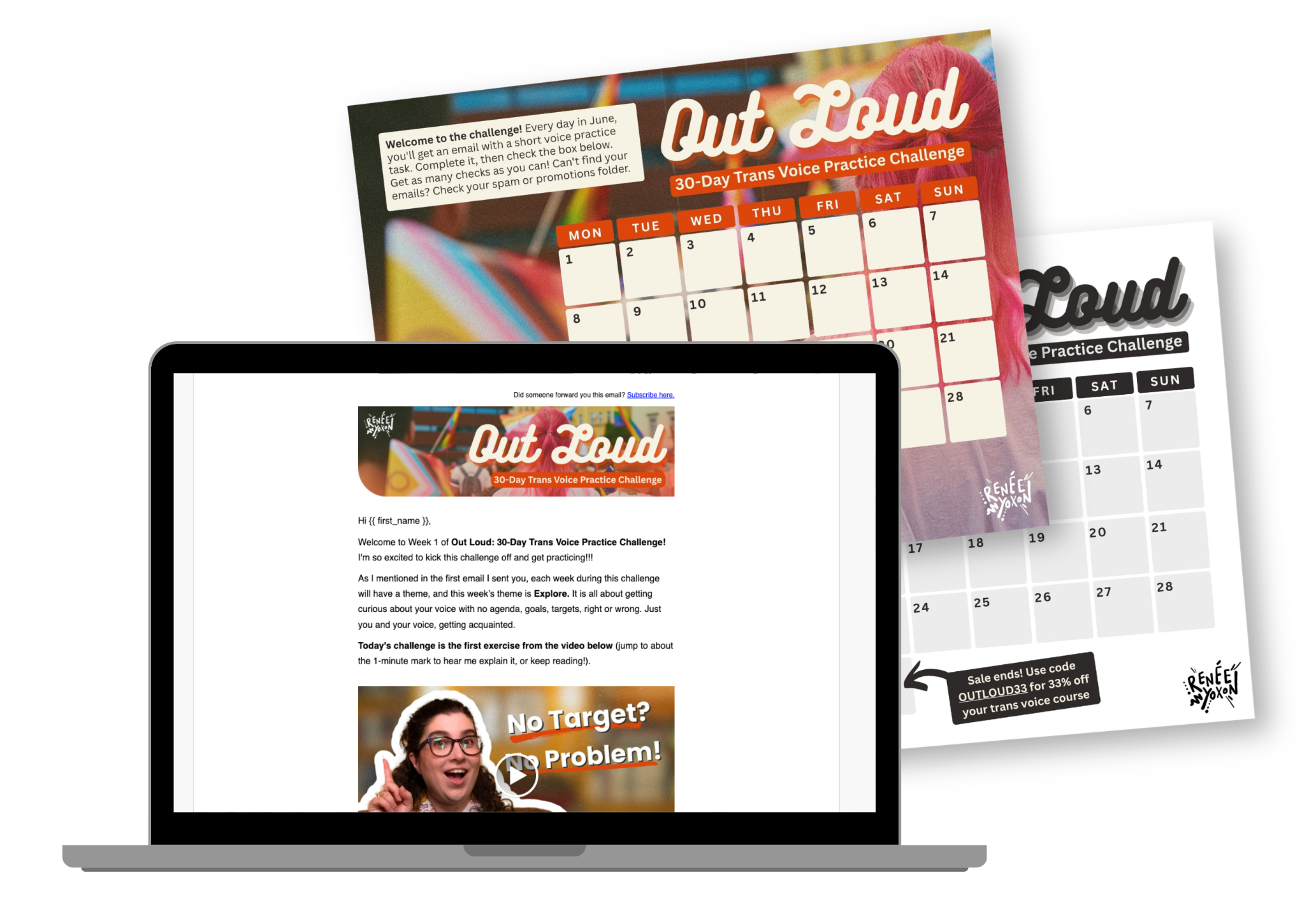 Out Loud: 30-day trans voice practice challenge mockup - calendar in colour and black and white and email mockup