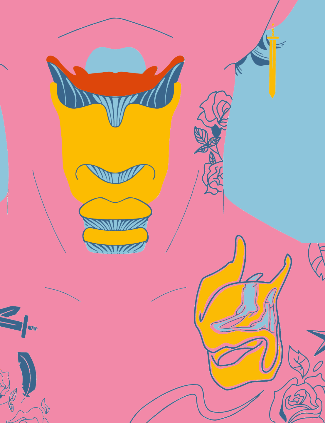 an illustration of the larynx in both front view and side profile