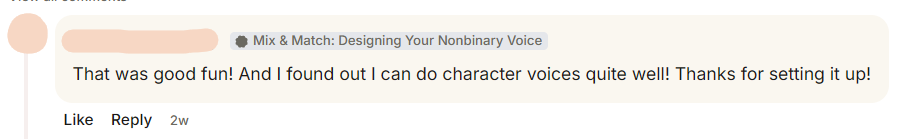 A comment from a club member: That was good fun! And I found out I can do character voices quite well! Thanks for setting it up!