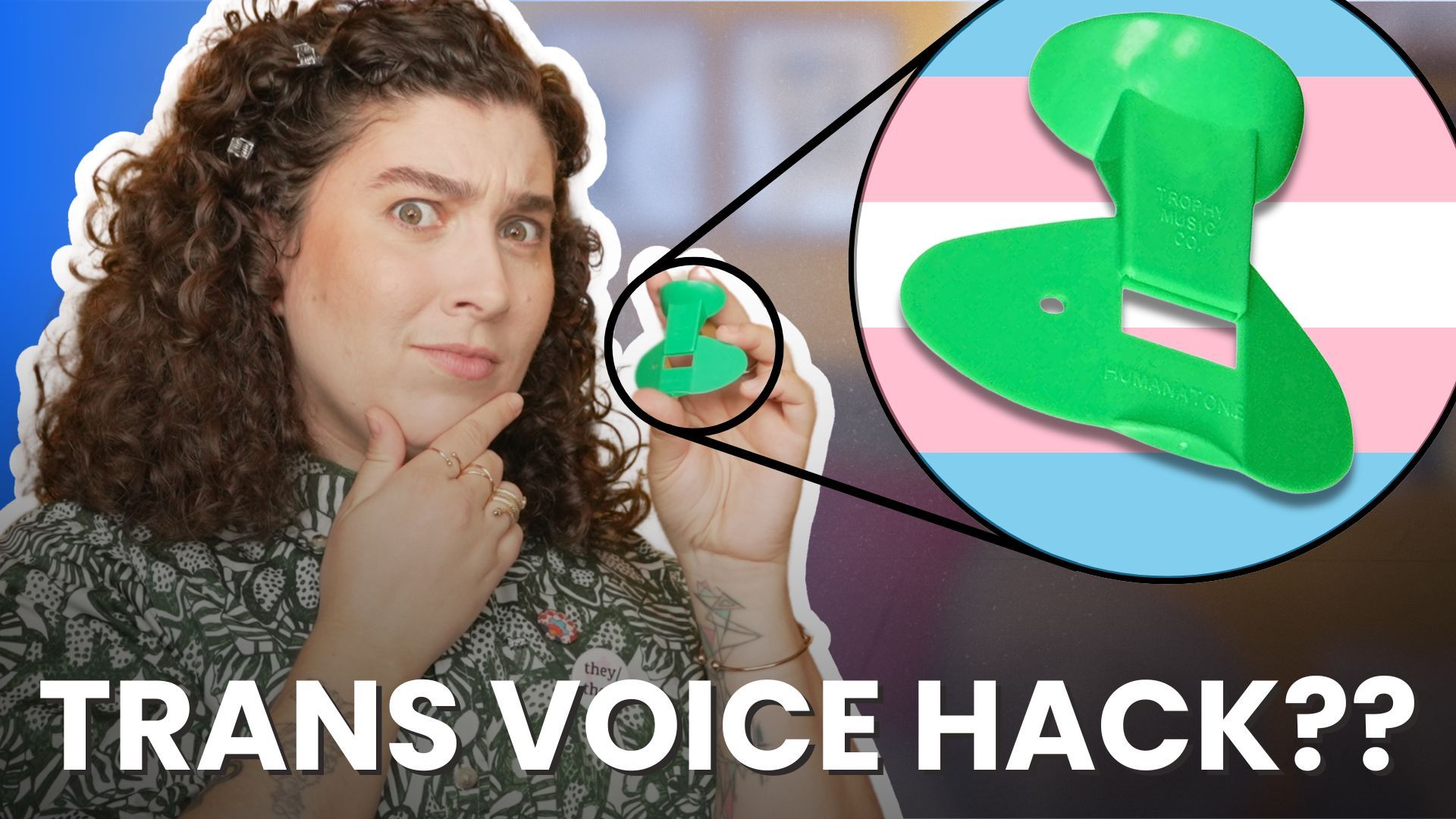 Renée Yoxon holding a green nose flute with a trans flag background and text reading "Trans Voice Hack??"