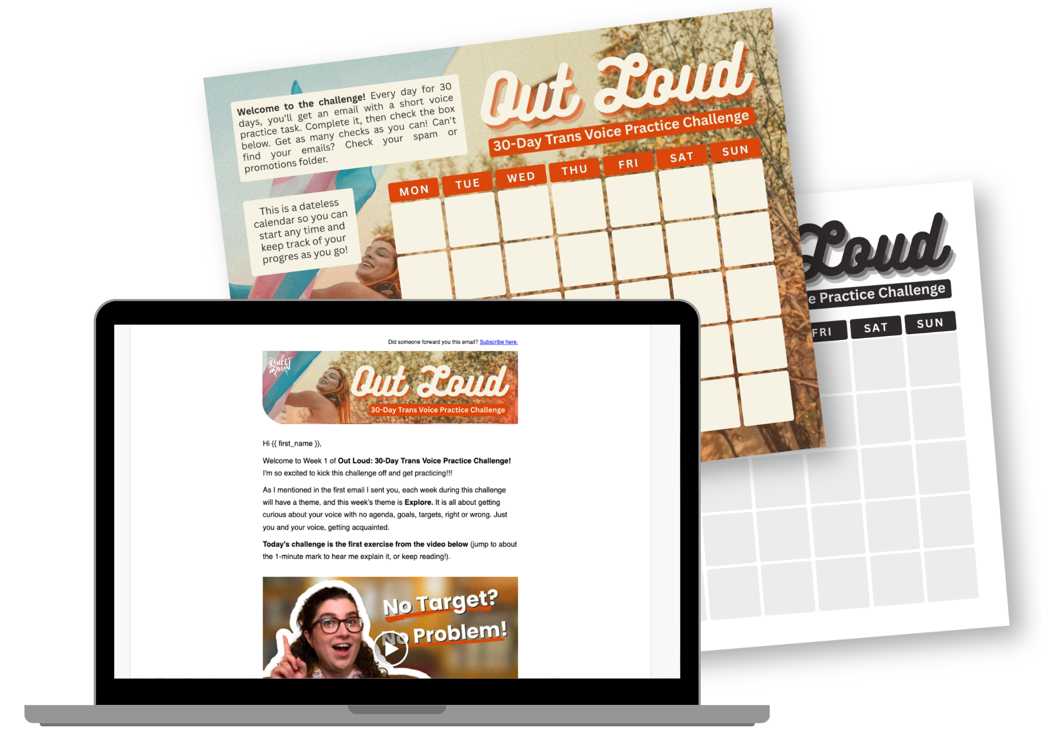Out Loud: 30-day trans voice practice challenge mockup - calendar in colour and black and white and email mockup