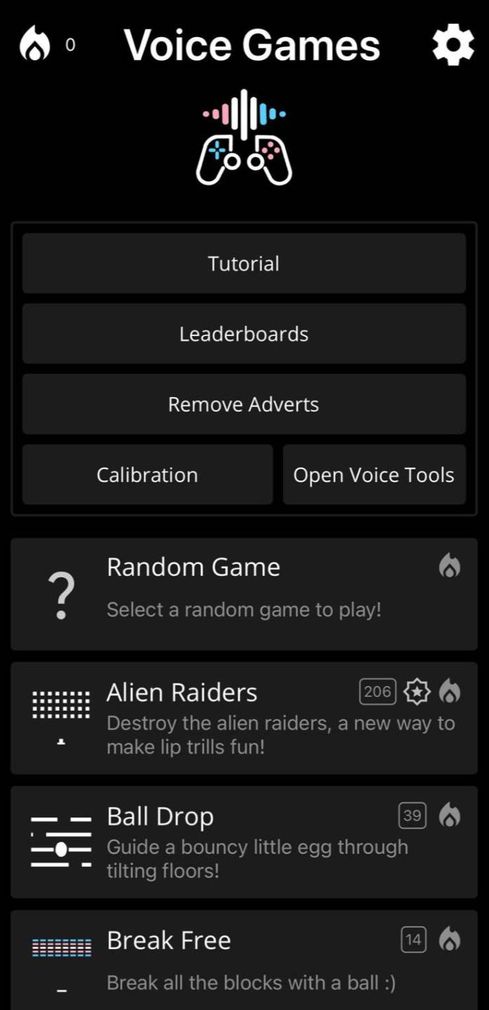 Screenshot from Voice Games, the pitch-controlled trans voice training app reviewed in this post