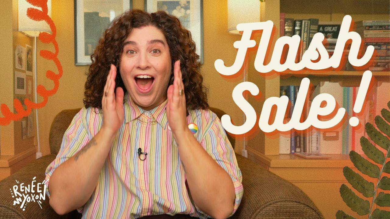 Renée Yoxon, looking excited in a rainbow-striped shirt, next to the words "Flash Sale!" for their trans voice courses
