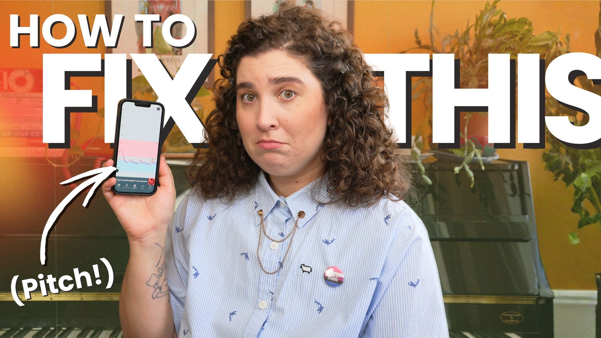 Gender-affirming voice teacher holding a phone showing a pitch drop in the Voice Tools app, with text reading "How to Fix This (Pitch!)"