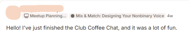 A post from a club member: Hello! I've just finished the Club Coffee Chat, and it was a lot of fun.