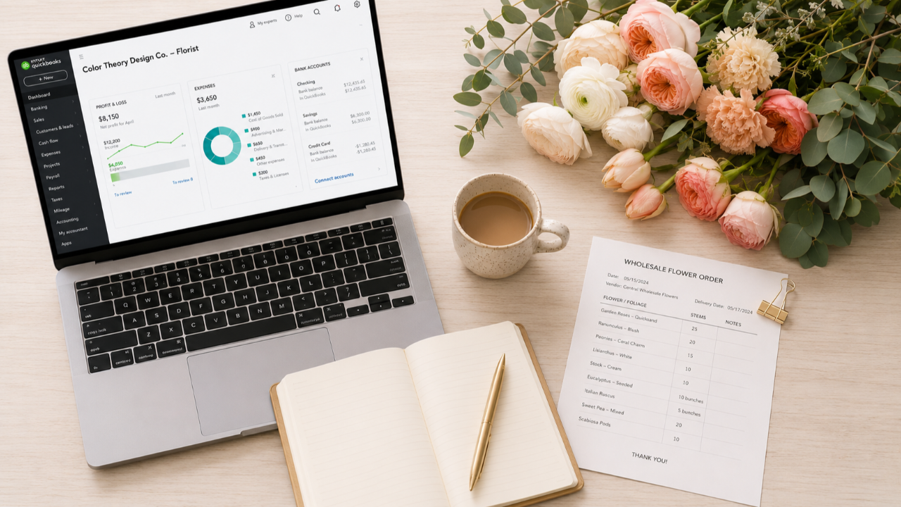 Florist business setup flat lay with fresh flowers, open laptop, and notebook on a light wood surface