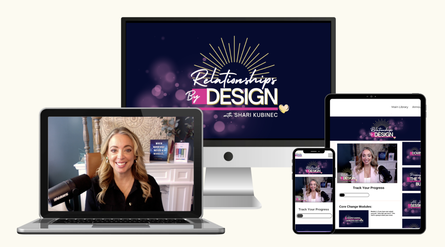 Relationships By Design program shown on laptop, desktop, tablet and phone