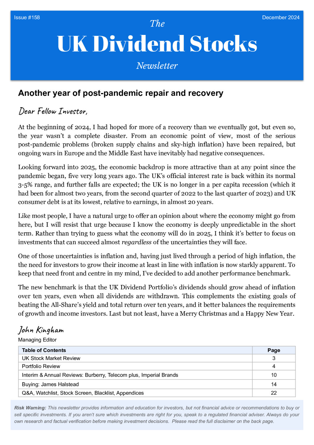 UK Dividend Stocks Newsletter Cover