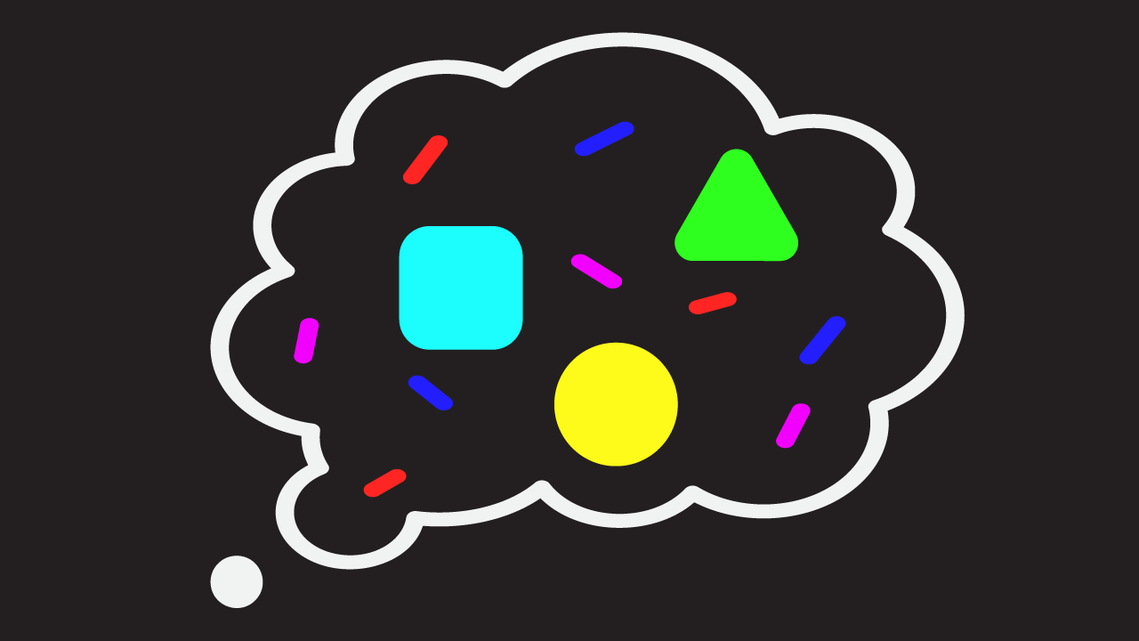 An icon of a thought bubble that has a number of scattered pill shapes along with coloured curved square, triangle and circle, to represent misunderstandings and assumptions made of people with ADHD