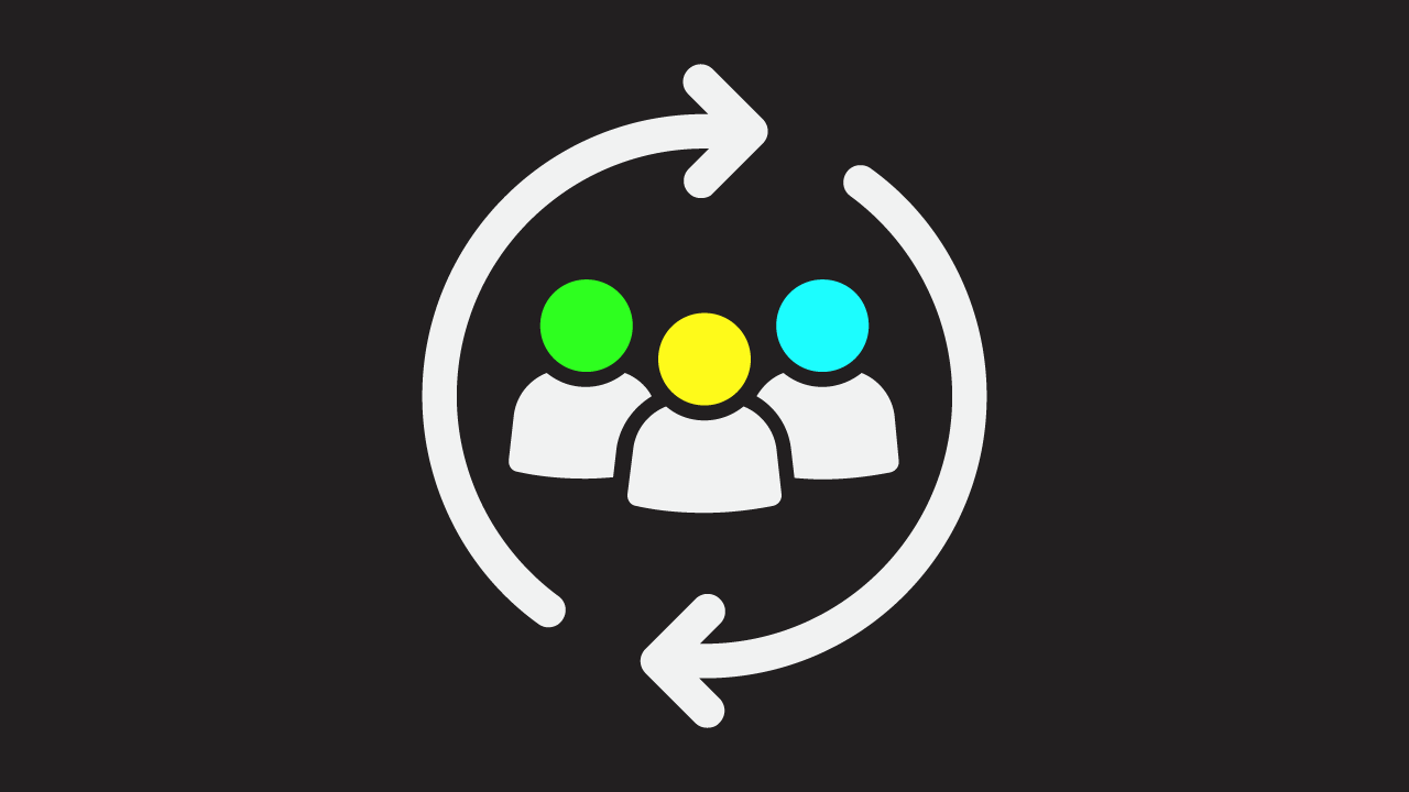 Three icons of people are in the middle of the image, each with a different coloured head (Green, yellow, and blue). They are surrounded by two circular arrows that are looping clockwise