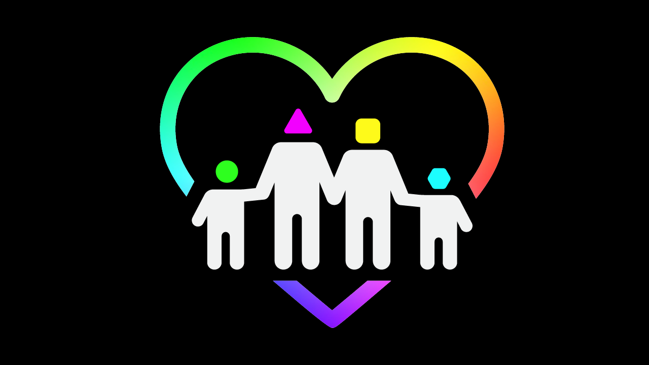 A family of two parents and two children with different simple shapes for heads in different colours stand in the middle of a spectrum coloured heart