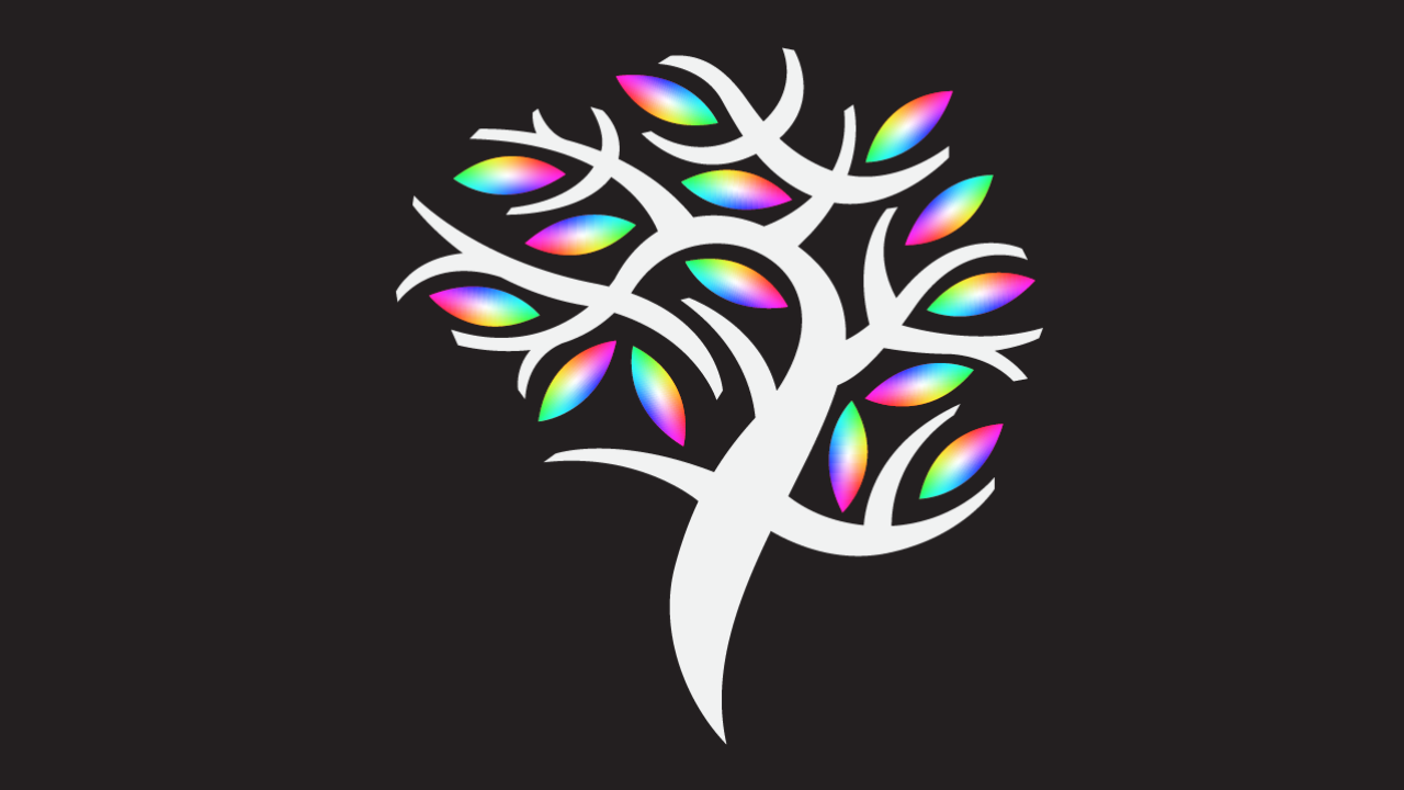 An icon of a white tree in the shape of a brain with the trunk as the brain stem. The leaves are coloured in the full colour spectrum, that make up parts of the brain