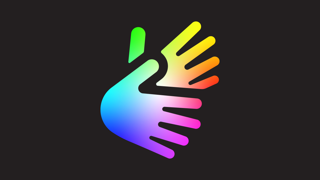 Two icons of human hands in full spectrum colours, with palms facing each other making a hand gesture